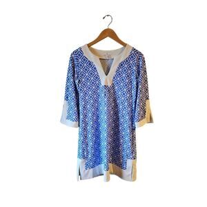 Jude Connally blue white dress Jude cloth geometric design sz small